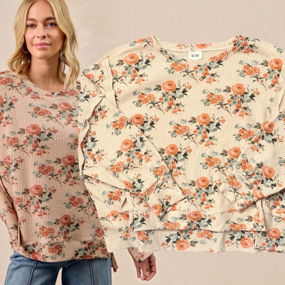 BIBI Waffle Knit Top Floral Print Cream Peach 1XL